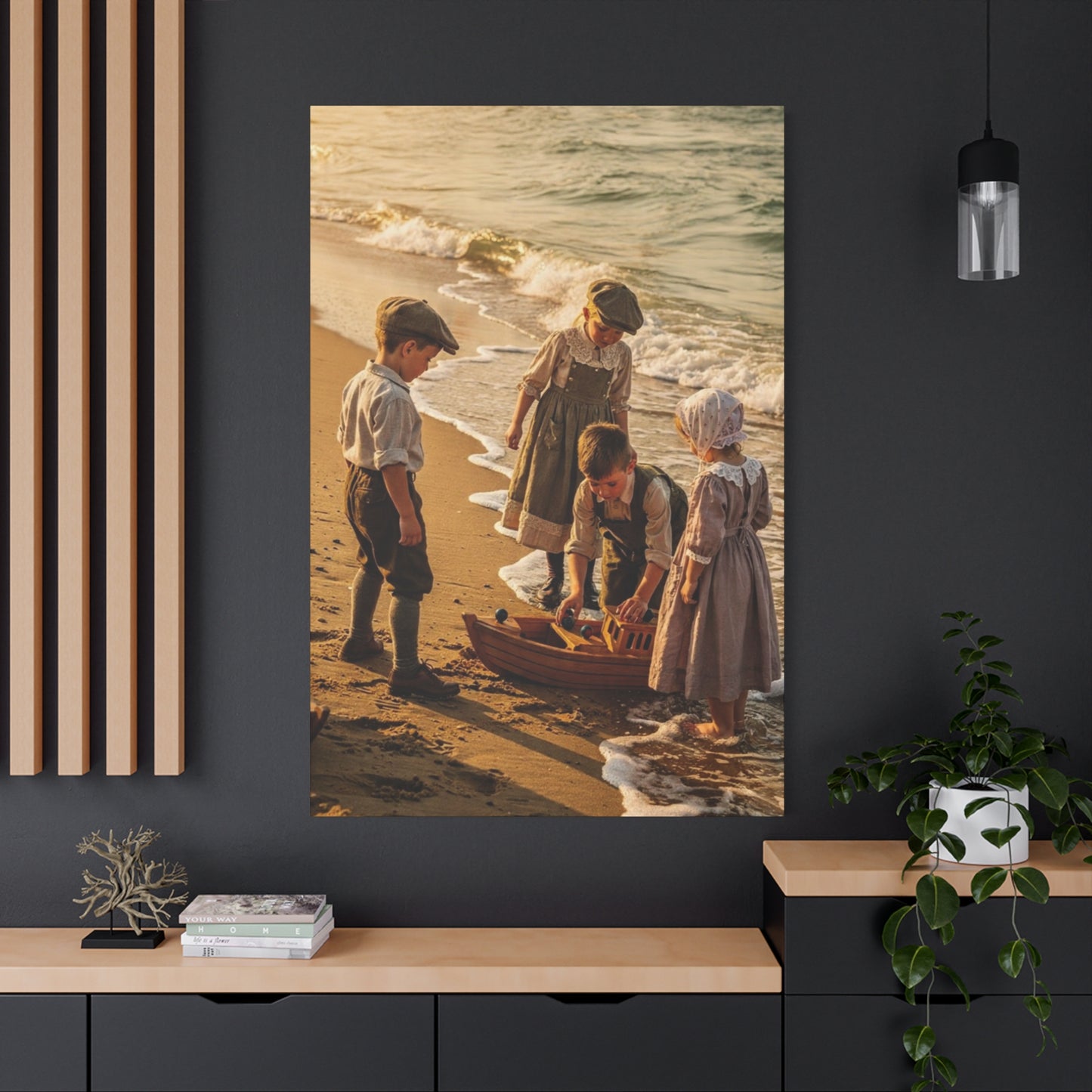 Vintage Children at the Beach Matte Canvas Wall Art (Stretched 1.25")