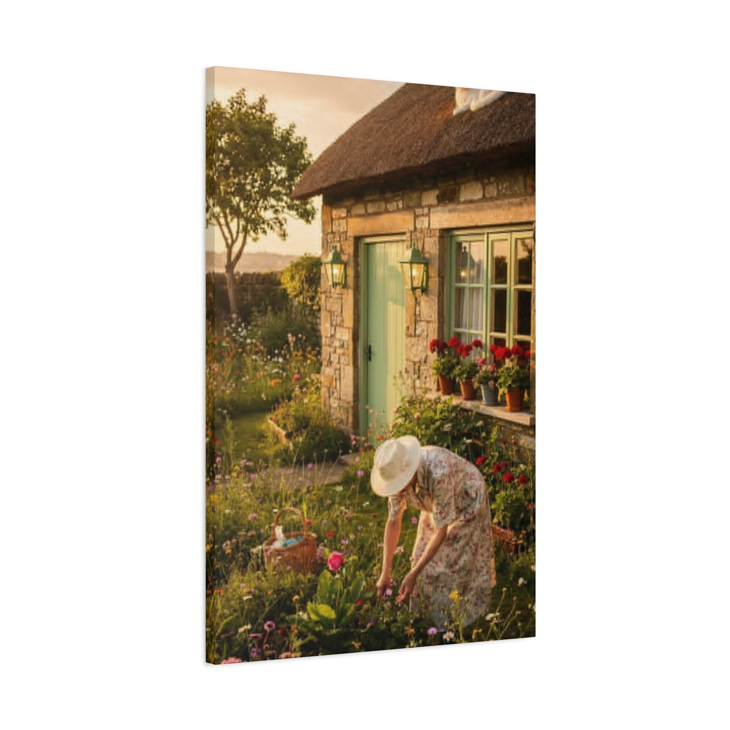 Cottage Garden Canvas Print — Woman Tending Flowers Matte Stretched Wall Art