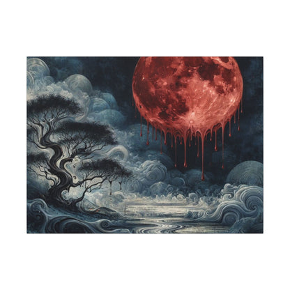 Blood Moon Canvas Art – Dripping Red Moon Over Misty Landscape, Matte Stretched Wall Art