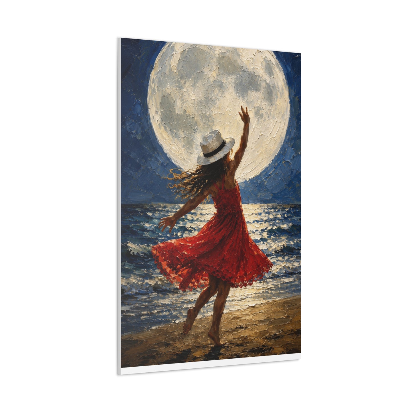 Moonlit Dance Canvas Wall Art – Woman in Red Dress Beach Painting