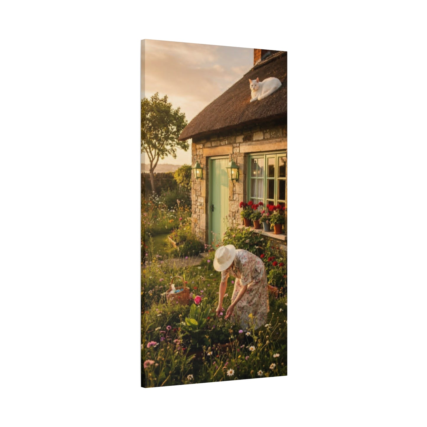 Cottage Garden Canvas Print — Woman Tending Flowers Matte Stretched Wall Art