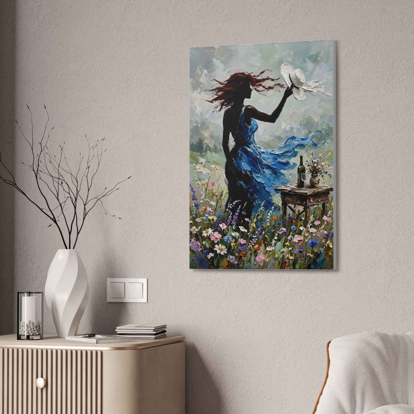 Canvas Wall Art – 'Windy Day' Woman in Blue Dress Painting (Stretched Canvas)
