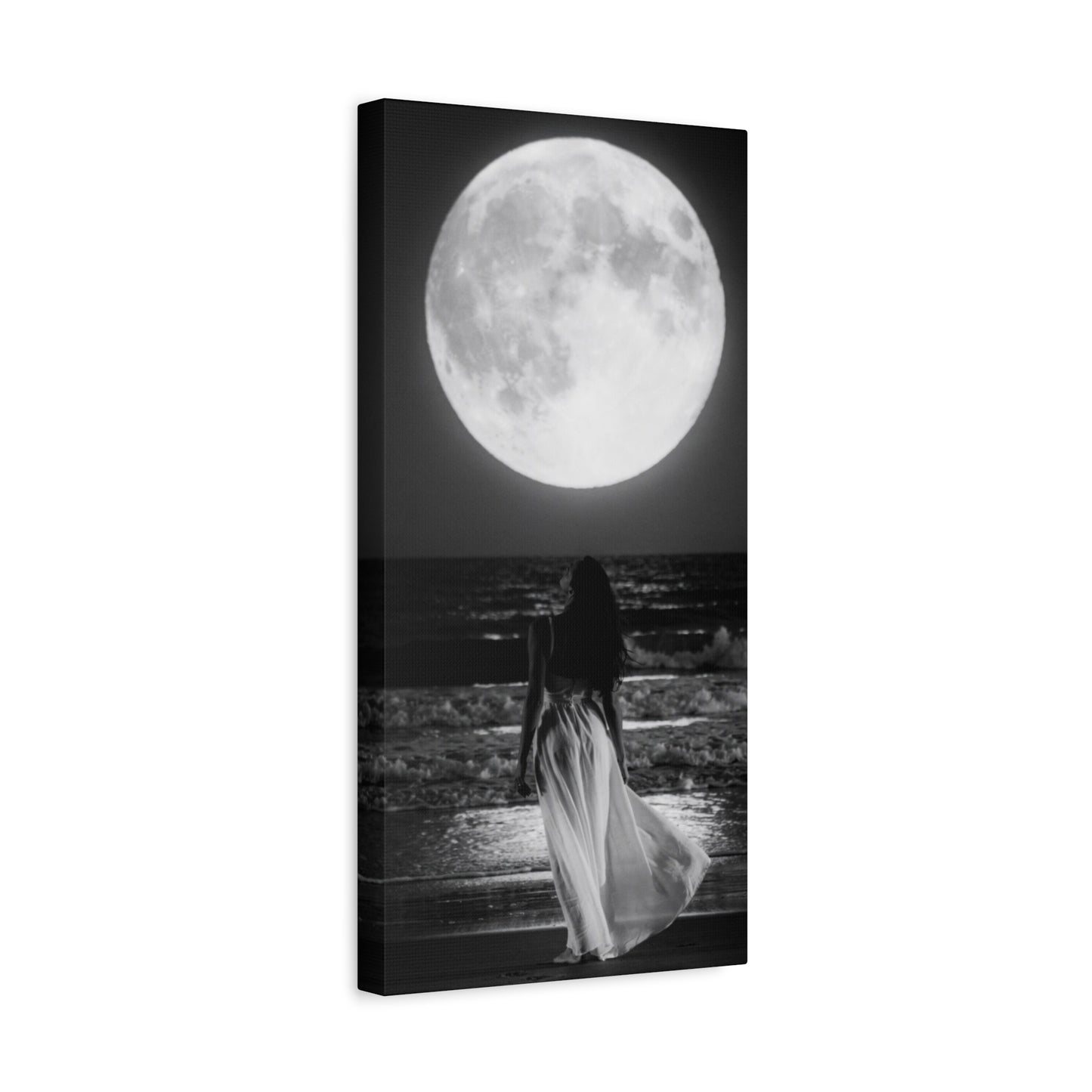 Moonlit Beach Canvas Wall Art — Woman Walking Toward Full Moon (Black & White)