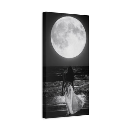 Moonlit Beach Canvas Wall Art — Woman Walking Toward Full Moon (Black & White)