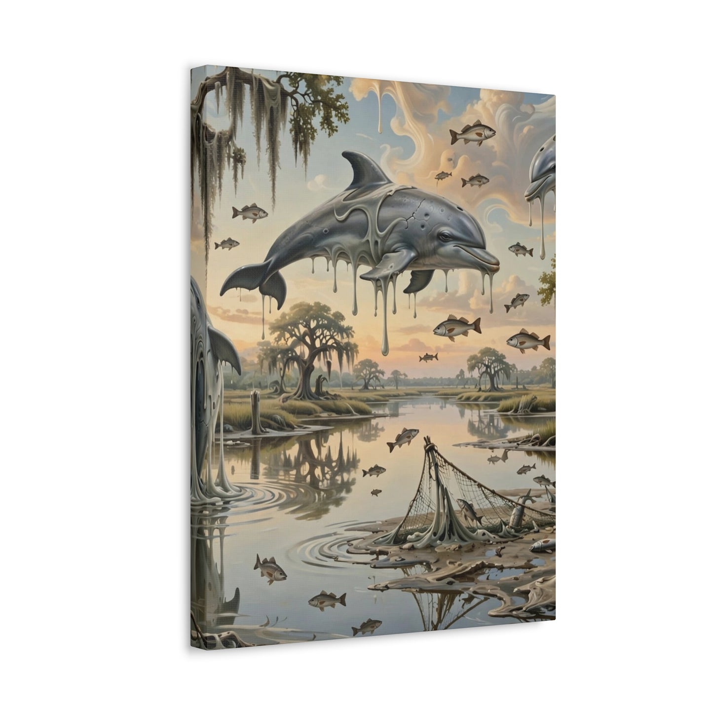 Surreal Dolphin Marsh Stretched Canvas – Dripping Sky Whales Art Print