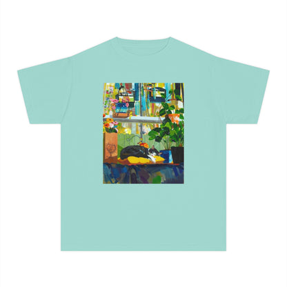 Youth Tee — Cozy Window Cat Print
