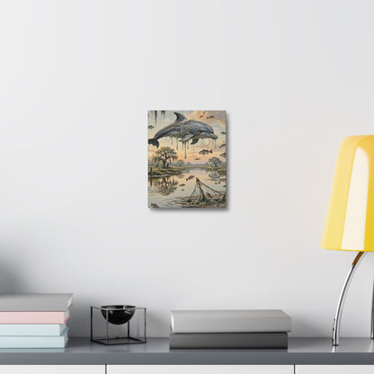 Surreal Dolphin Marsh Stretched Canvas – Dripping Sky Whales Art Print