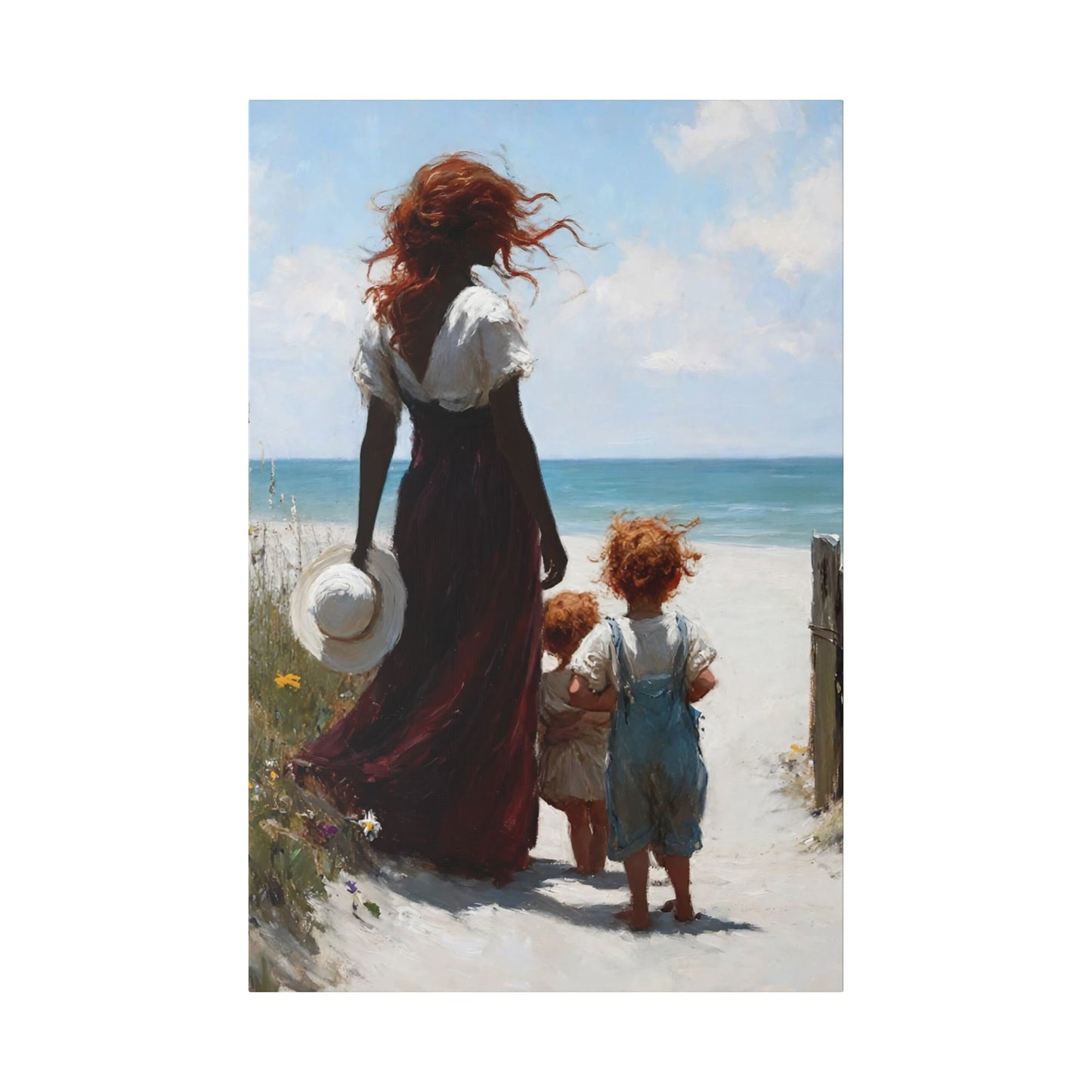 Beach Walk Canvas Print — Mother and Children Seaside Wall Art