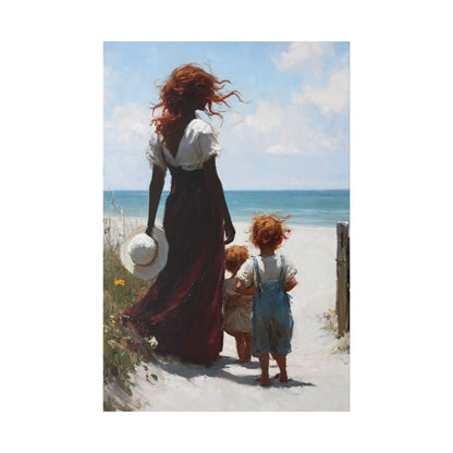Beach Walk Canvas Print — Mother and Children Seaside Wall Art