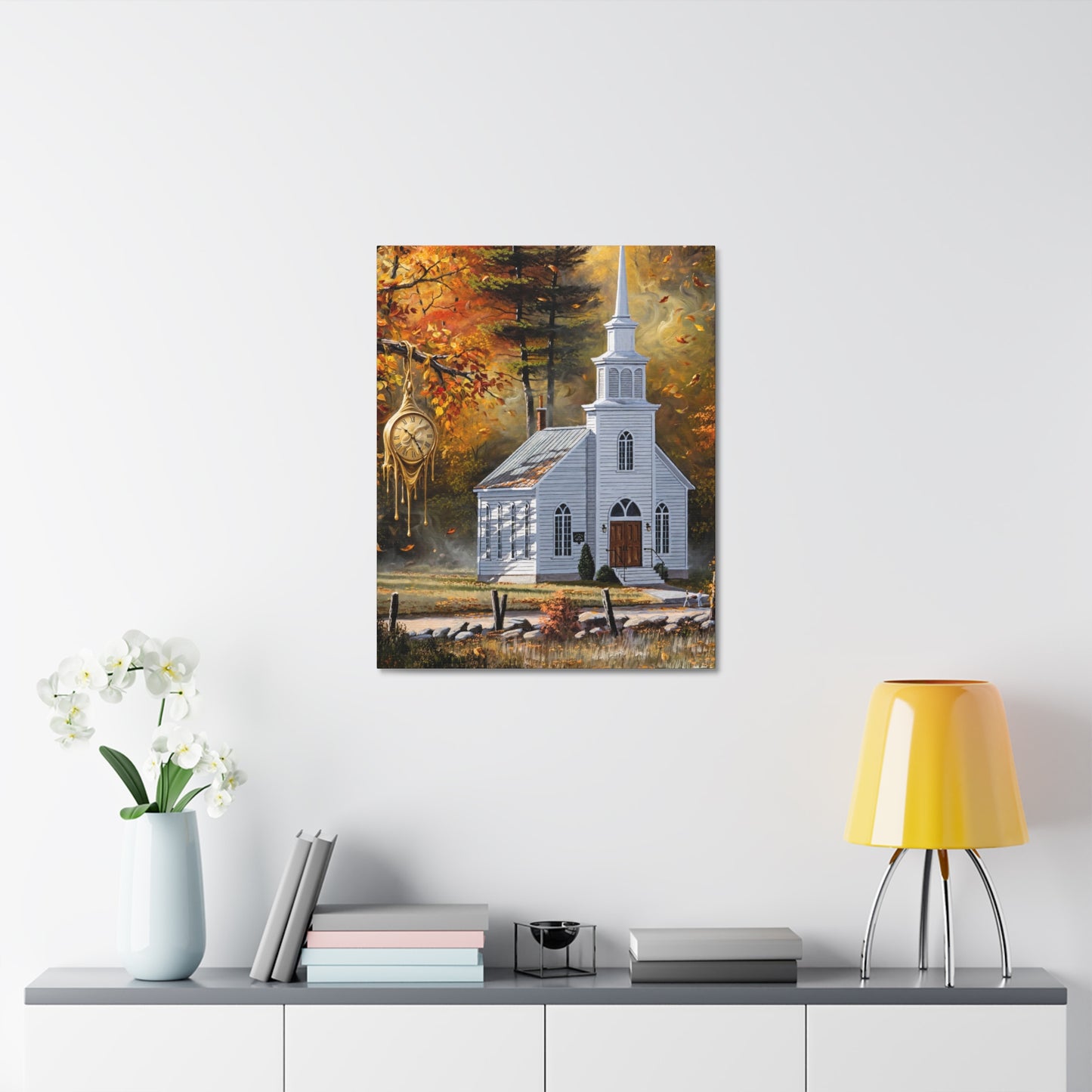 Autumn Chapel Stretched Canvas – Fall Church Wall Art