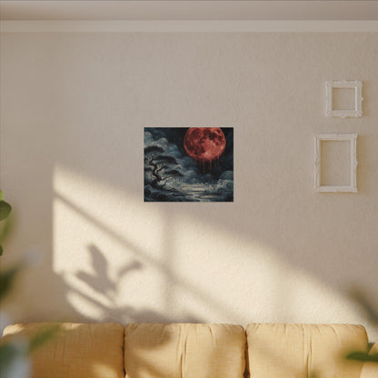 Blood Moon Canvas Art – Dripping Red Moon Over Misty Landscape, Matte Stretched Wall Art