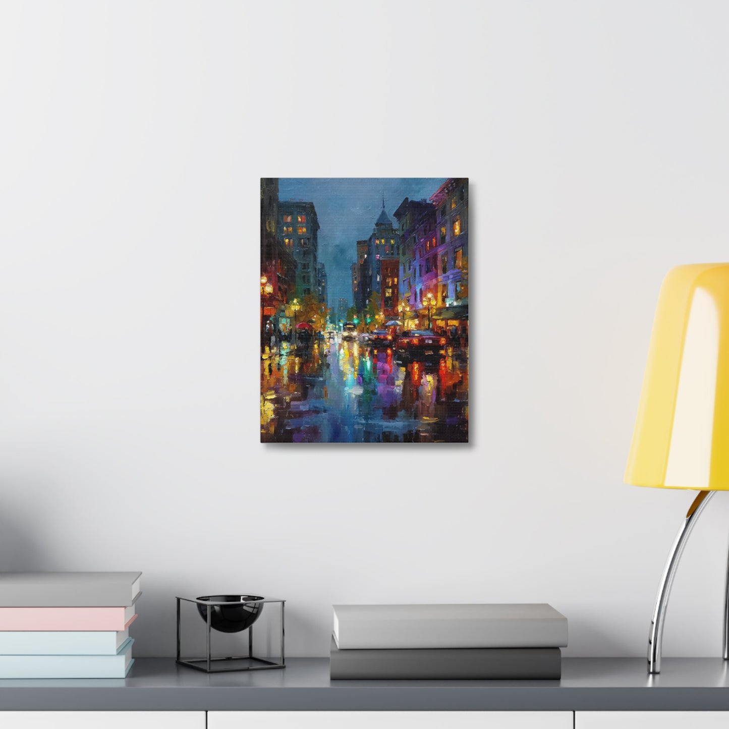 City Nightscape Stretched Canvas – Vibrant Rainy Street Urban Wall Art