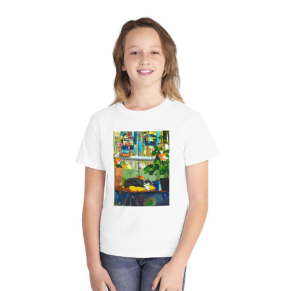 Youth Tee — Cozy Window Cat Print