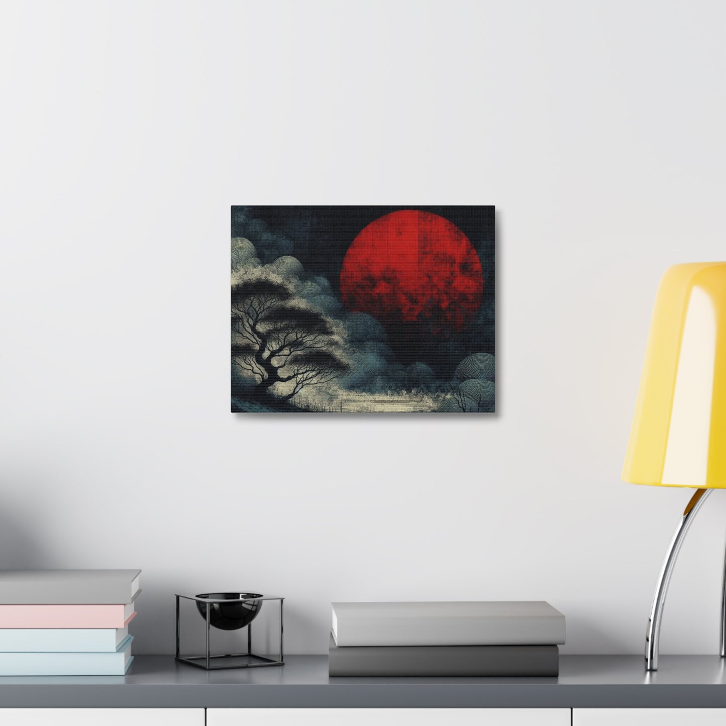 Red Moon Canvas Art — Japanese-Inspired Landscape Stretched Canvas