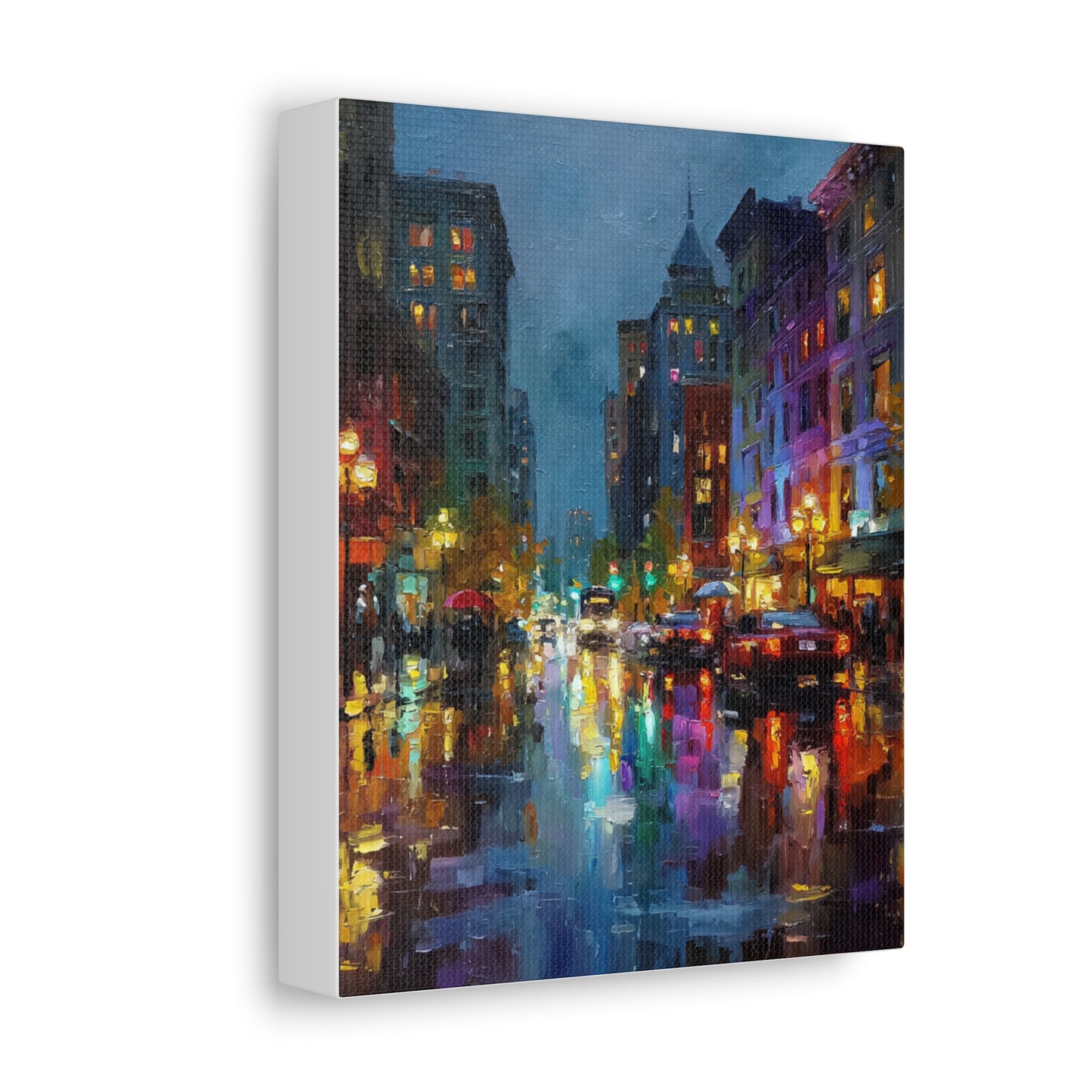 City Nightscape Stretched Canvas – Vibrant Rainy Street Urban Wall Art