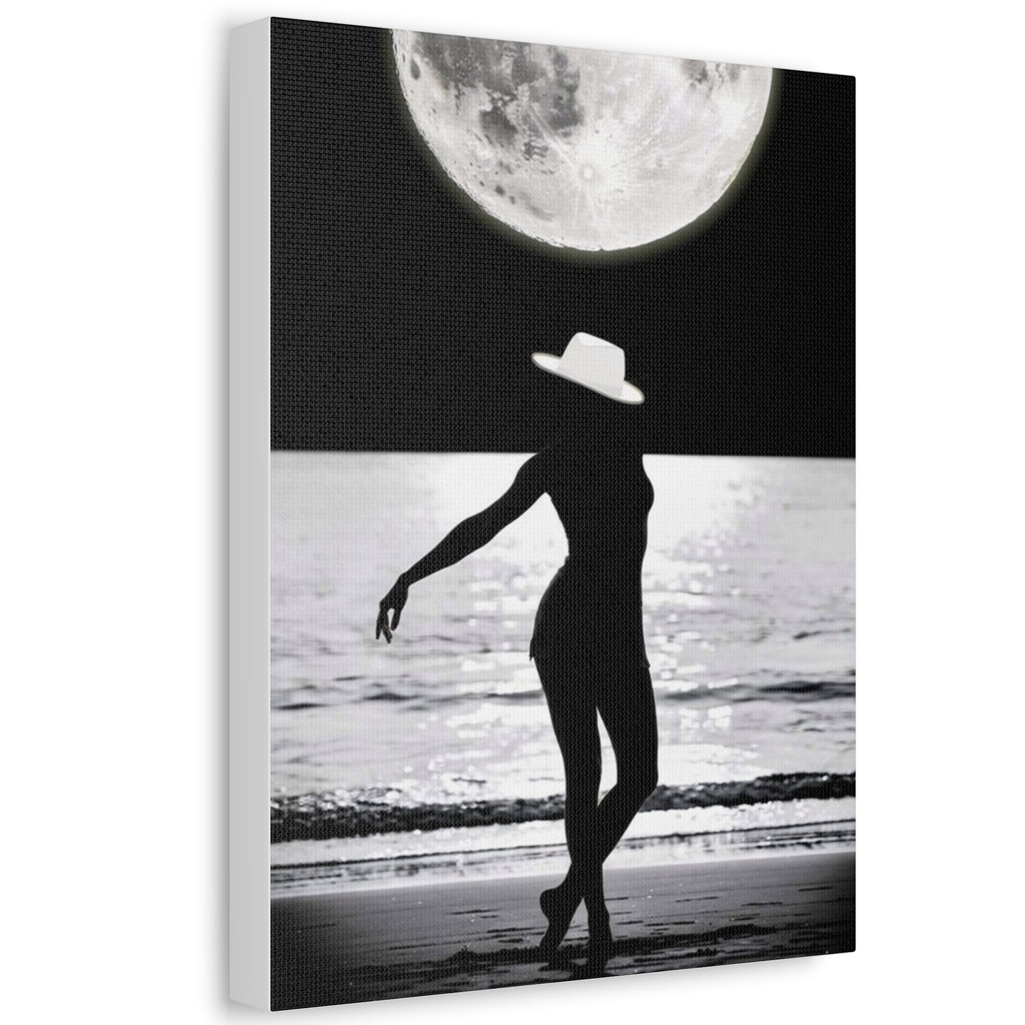 Silhouette at Moonlight – Beach Woman Stretched Canvas Wall Art