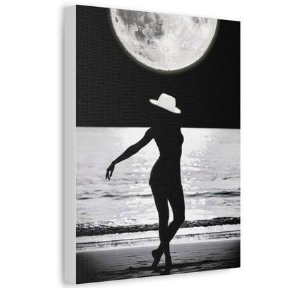 Silhouette at Moonlight – Beach Woman Stretched Canvas Wall Art