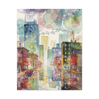 Cityscape Watercolor Stretched Canvas Wall Art — Dreamy Urban Skyline