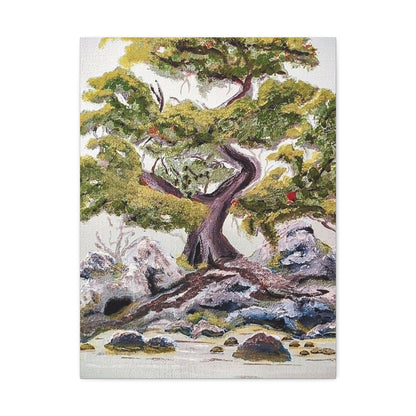 Coastal Bonsai Tree Stretched Canvas Wall Art — Serene Beach Landscape Print