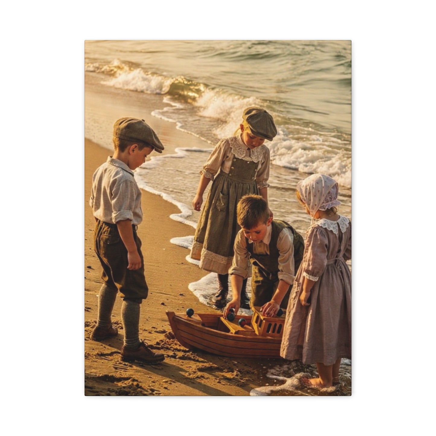 Vintage Children at the Beach Matte Canvas Wall Art (Stretched 1.25")