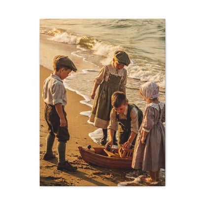 Vintage Children at the Beach Matte Canvas Wall Art (Stretched 1.25")