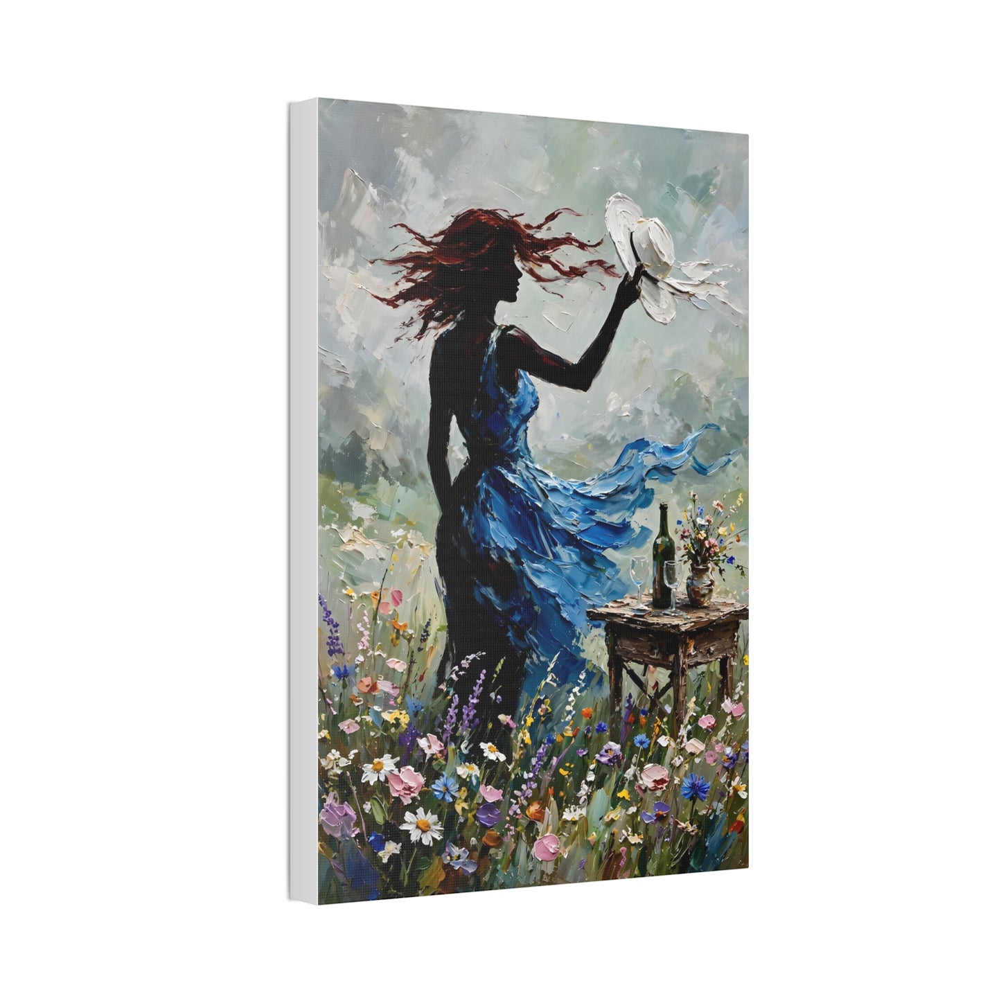 Canvas Wall Art – 'Windy Day' Woman in Blue Dress Painting (Stretched Canvas)