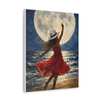 Moonlit Dance Canvas Wall Art – Woman in Red Dress Beach Painting