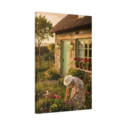 Cottage Garden Canvas Print — Woman Tending Flowers Matte Stretched Wall Art