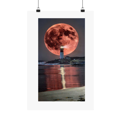 Red Moon Lighthouse Matte Vertical Poster — Surreal Coastal Wall Art