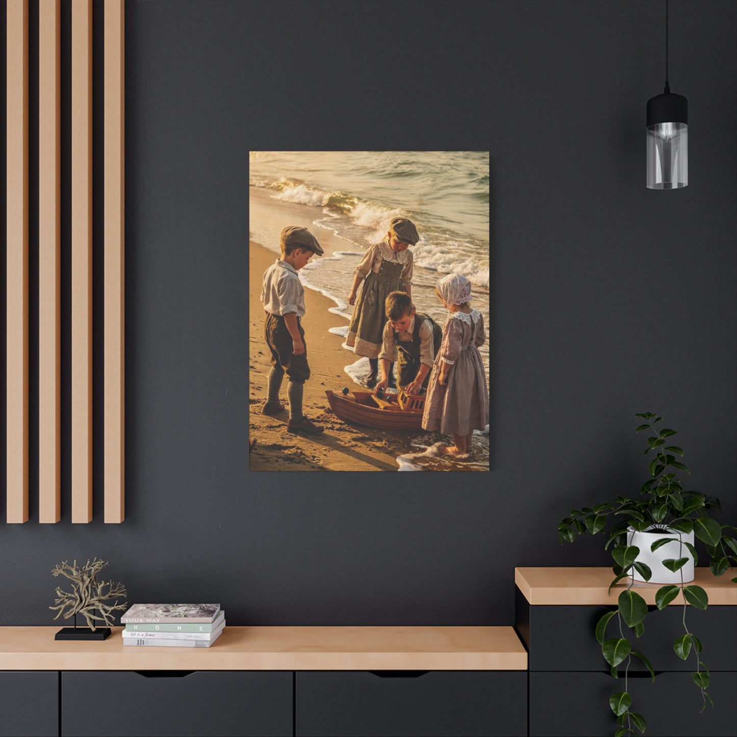 Vintage Children at the Beach Matte Canvas Wall Art (Stretched 1.25")
