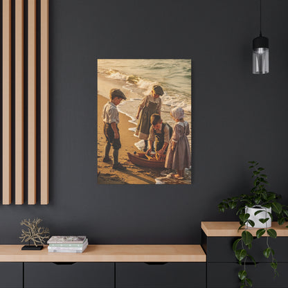 Vintage Children at the Beach Matte Canvas Wall Art (Stretched 1.25")