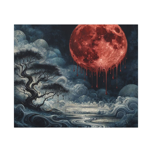 Blood Moon Canvas Art – Dripping Red Moon Over Misty Landscape, Matte Stretched Wall Art