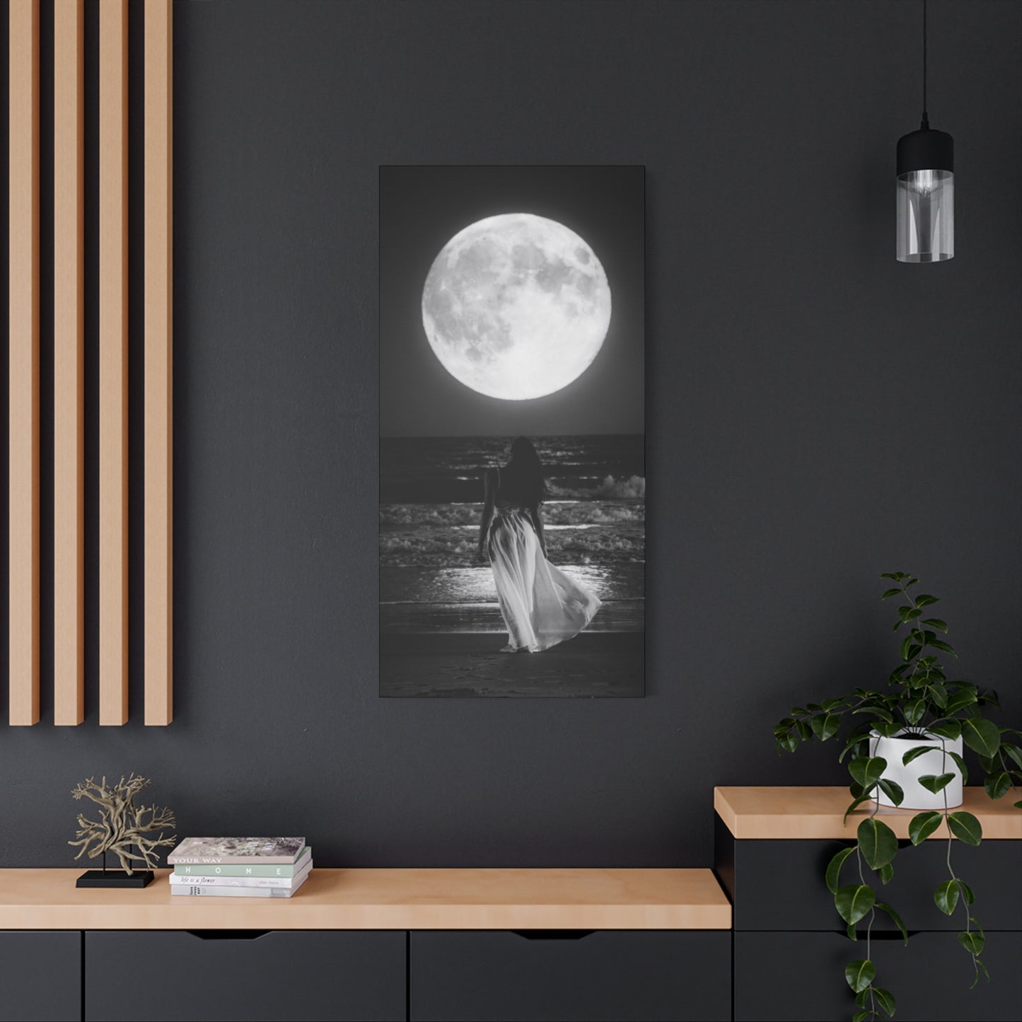 Moonlit Beach Canvas Wall Art — Woman Walking Toward Full Moon (Black & White)