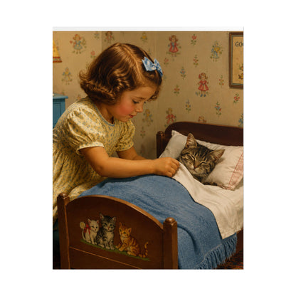 Vintage Nursery Poster — Girl Tucking Kitten into Bed (Rolled Poster)