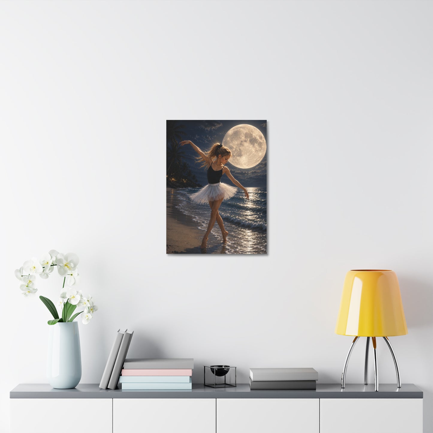 Ballerina Moonlit Beach Stretched Canvas — Dreamy Dance Wall Art
