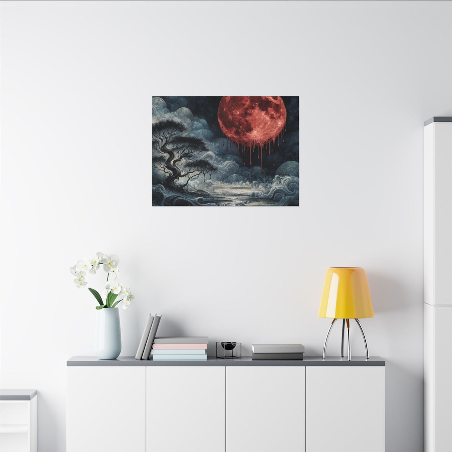 Blood Moon Canvas Art – Dripping Red Moon Over Misty Landscape, Matte Stretched Wall Art