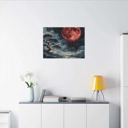 Blood Moon Canvas Art – Dripping Red Moon Over Misty Landscape, Matte Stretched Wall Art
