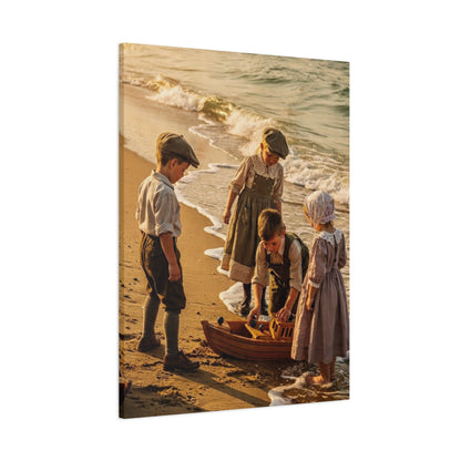 Vintage Children at the Beach Matte Canvas Wall Art (Stretched 1.25")