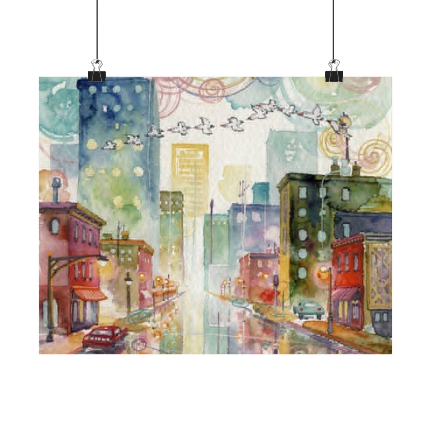 Watercolor Cityscape Matte Poster — Vibrant Urban Street Art Print