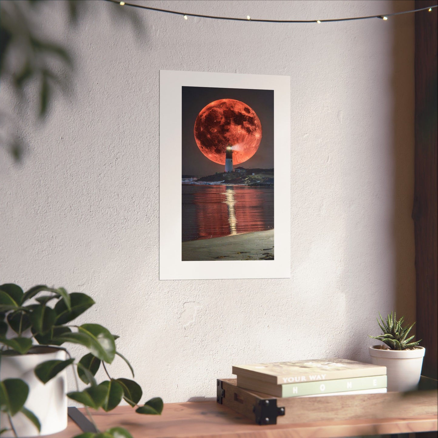 Red Moon Lighthouse Matte Vertical Poster — Surreal Coastal Wall Art