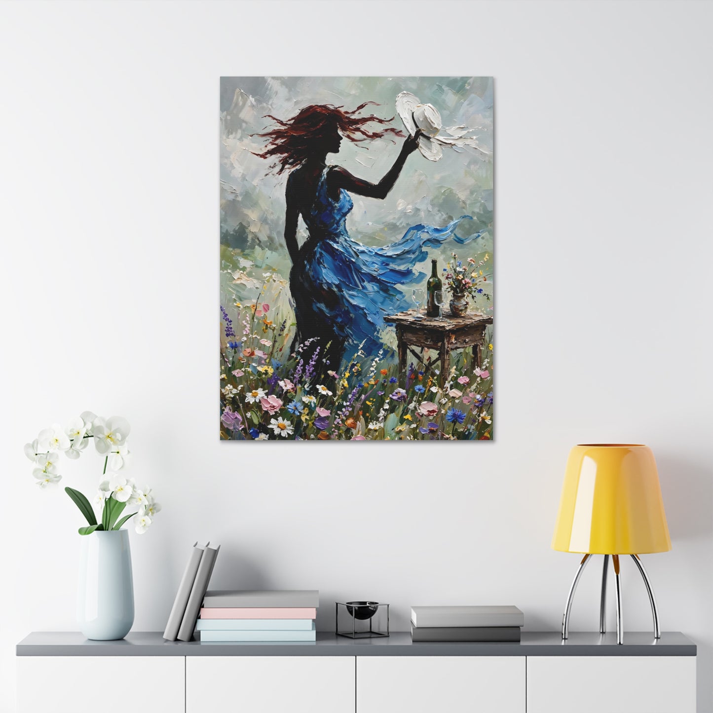 Canvas Wall Art – 'Windy Day' Woman in Blue Dress Painting (Stretched Canvas)