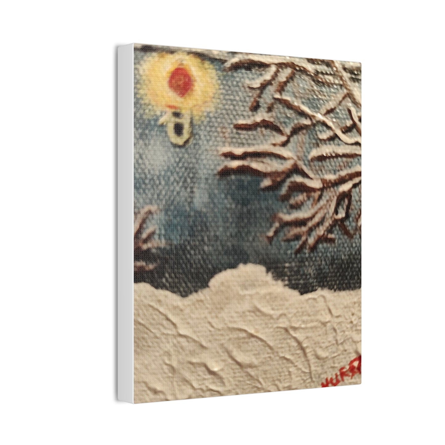 Winter Night Canvas Art – Stretched 0.75" Snowy Tree & Lantern Wall Print