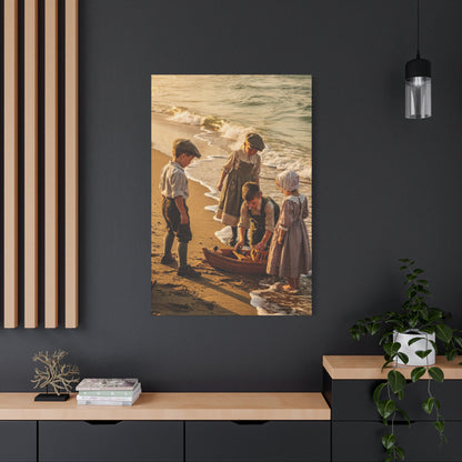 Vintage Children at the Beach Matte Canvas Wall Art (Stretched 1.25")