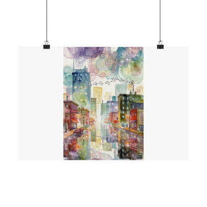 Watercolor Cityscape Matte Poster — Vibrant Urban Street Art Print