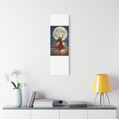 Moonlit Dance Canvas Wall Art – Woman in Red Dress Beach Painting
