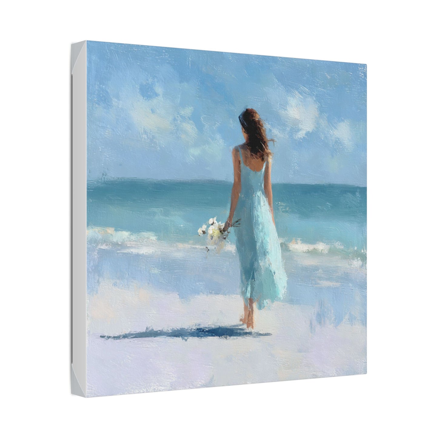 Coastal Serenity Canvas – Woman in Blue Beach Wall Art