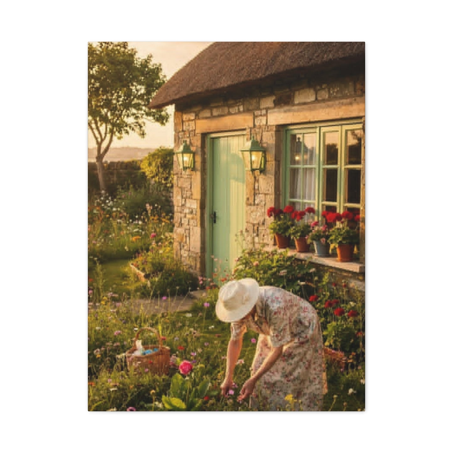 Cottage Garden Canvas Print — Woman Tending Flowers Matte Stretched Wall Art