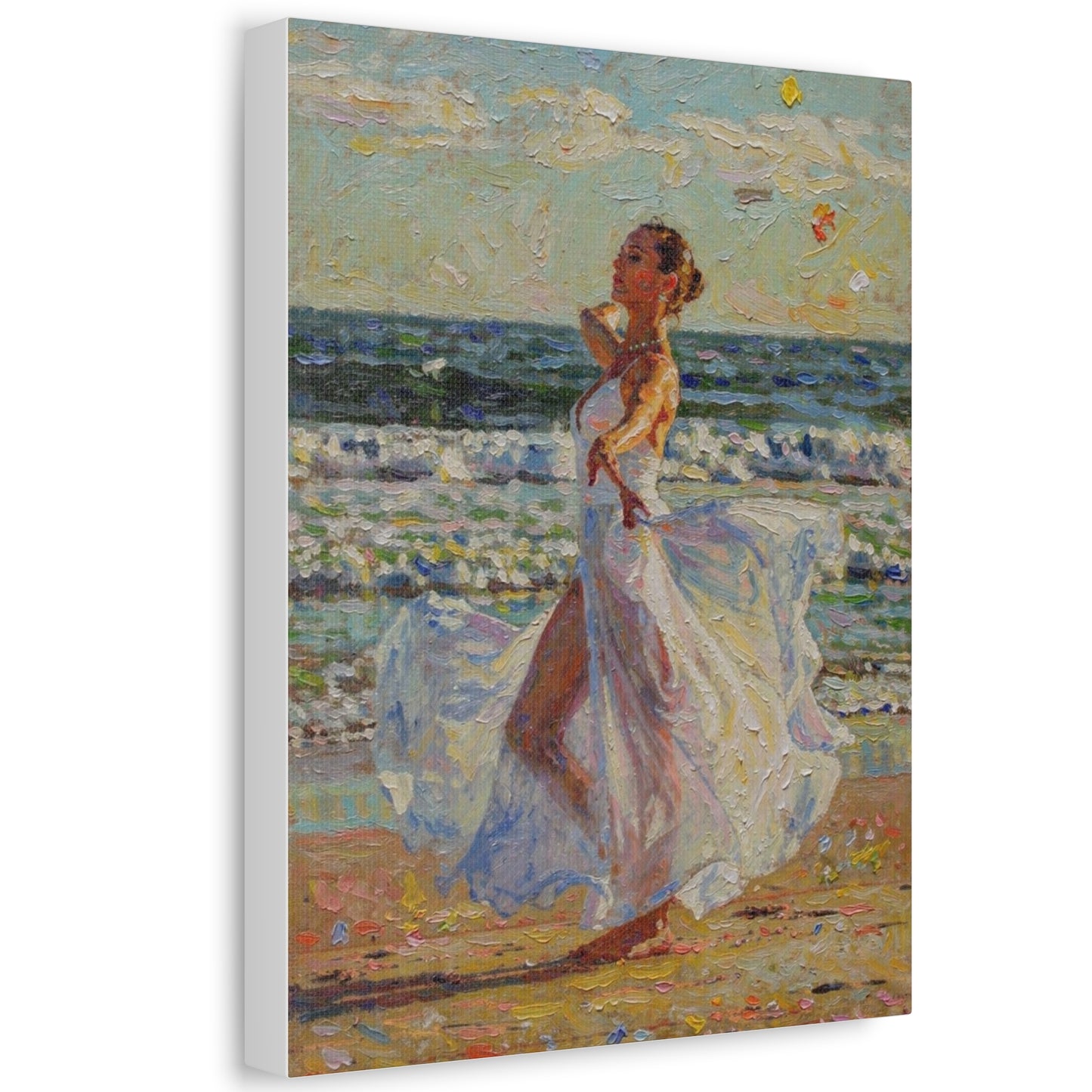 Beach Stroll Canvas Print — Woman in Flowing White Dress Seaside Wall Art