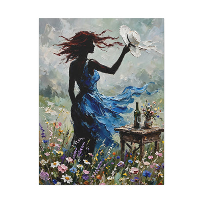 Canvas Wall Art – 'Windy Day' Woman in Blue Dress Painting (Stretched Canvas)