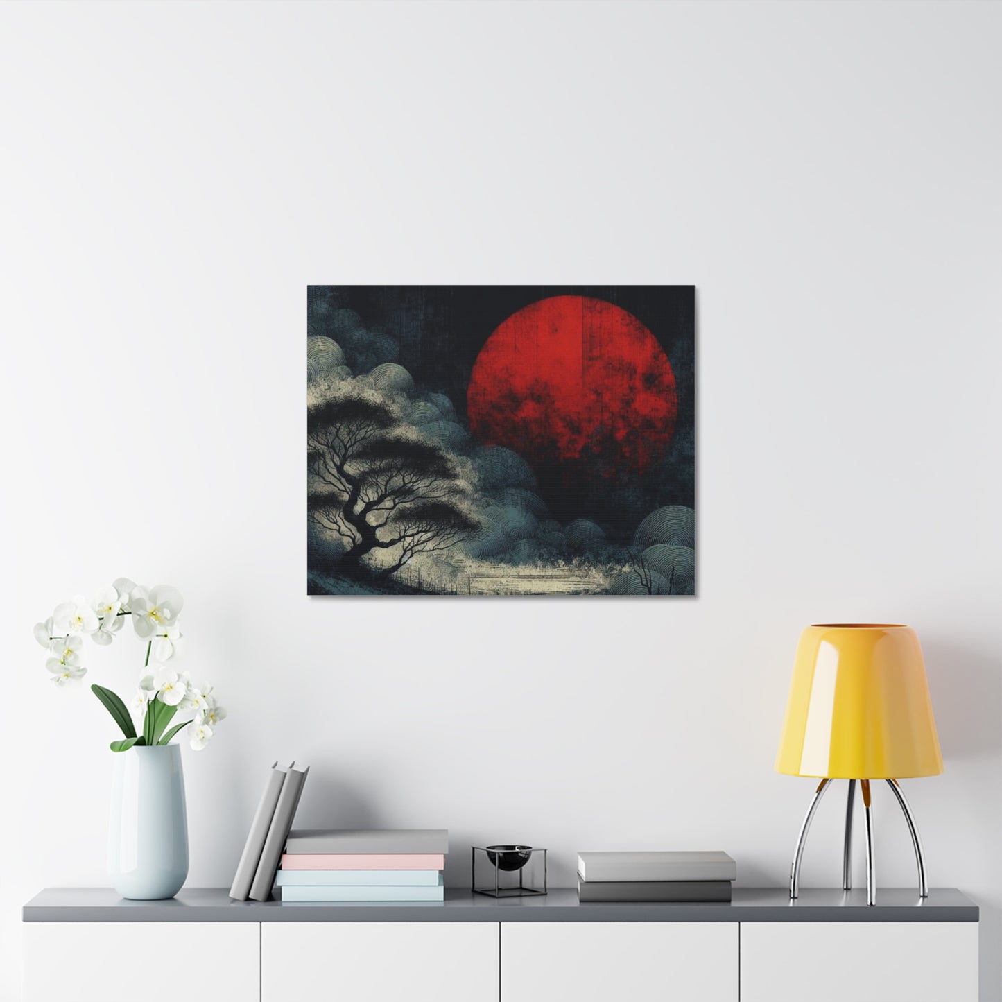 Red Moon Canvas Art — Japanese-Inspired Landscape Stretched Canvas